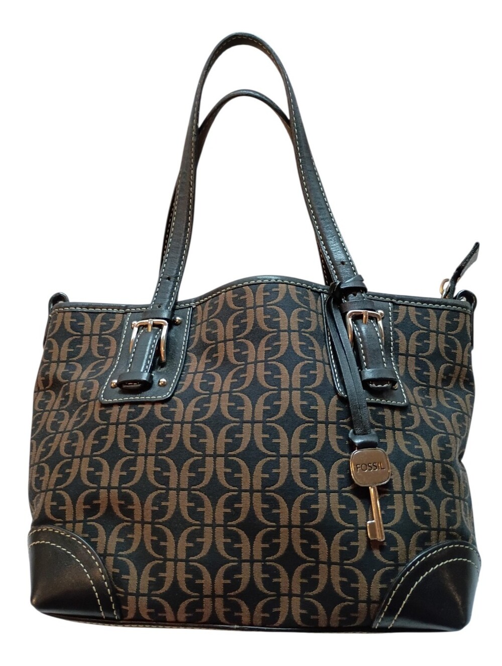 Fossil ZB4061 Monogram Canvas Leather Satchel Purse Black Brown Buckle Key Y2k